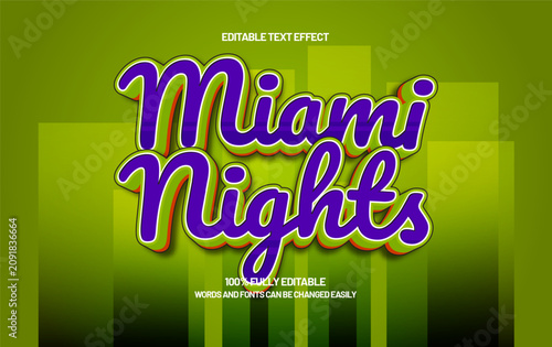 Miami Nights editable text effect with retro synthwave style on green background