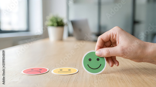 Person choosing a happy green smiley face emoticon for customer service feedback on wooden desk