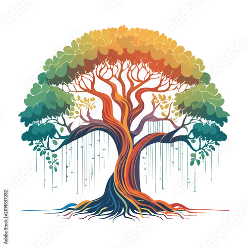 Stylized tree with colorful leaves and exposed roots