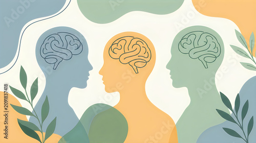 Three human heads with brain silhouettes and abstract decorative leaves in a soft pastel color style