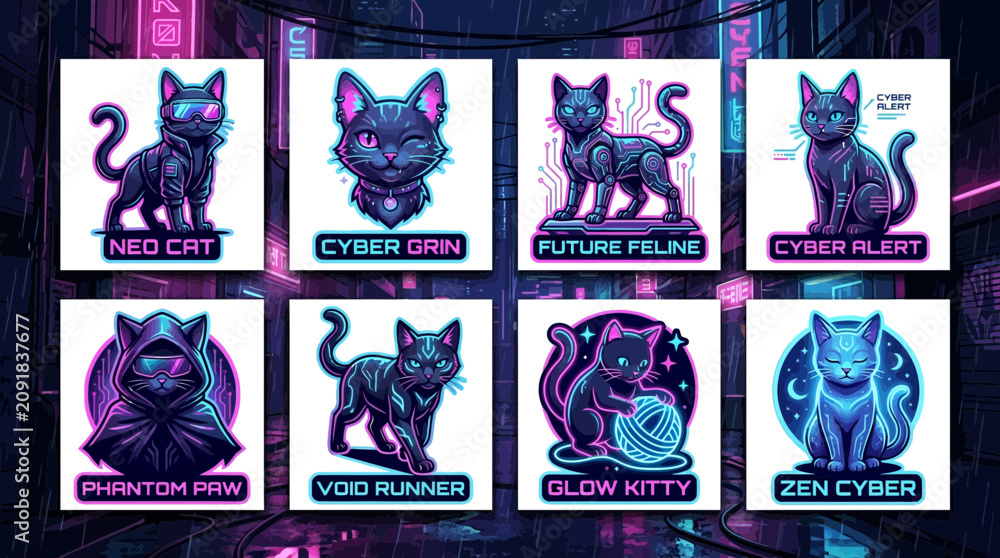 Fototapeta premium Collection of eight unique cybernetic cat illustrations with futuristic and neon aesthetics.