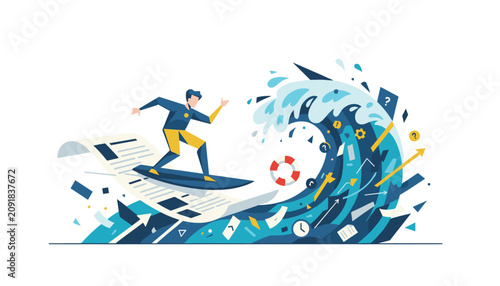 Overwhelmed business person surfing on a giant wave made of office paperwork, documents, emails, and corporate icons.