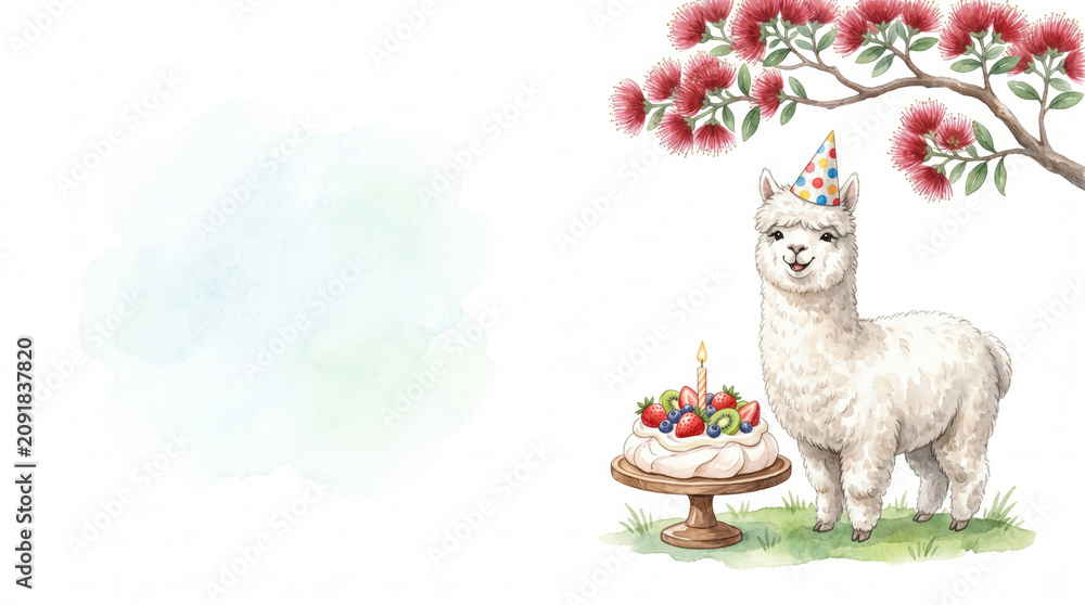Fototapeta premium Happy birthday greeting card, watercolor cute alpaca in party hat with Pavlova cake under Pohutukawa tree, copy space background