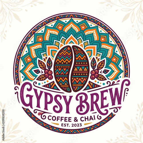 Bohemian style Gypsy Brew coffee and chai logo emblem.