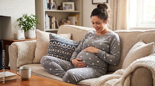 Pregnant woman relaxing on sofa in cozy living room setting