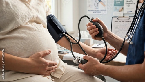 Pregnant woman having blood pressure checked by doctor in clinic