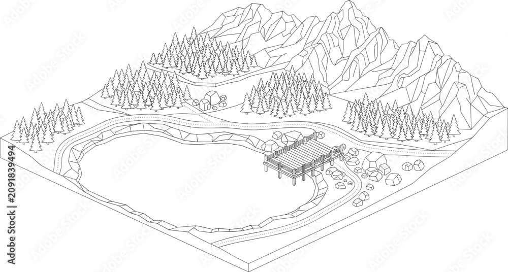 Fototapeta premium Isometric Mountain Landscape Line Art with Forest Lake Wooden Pier and Scenic Nature Vector Illustration