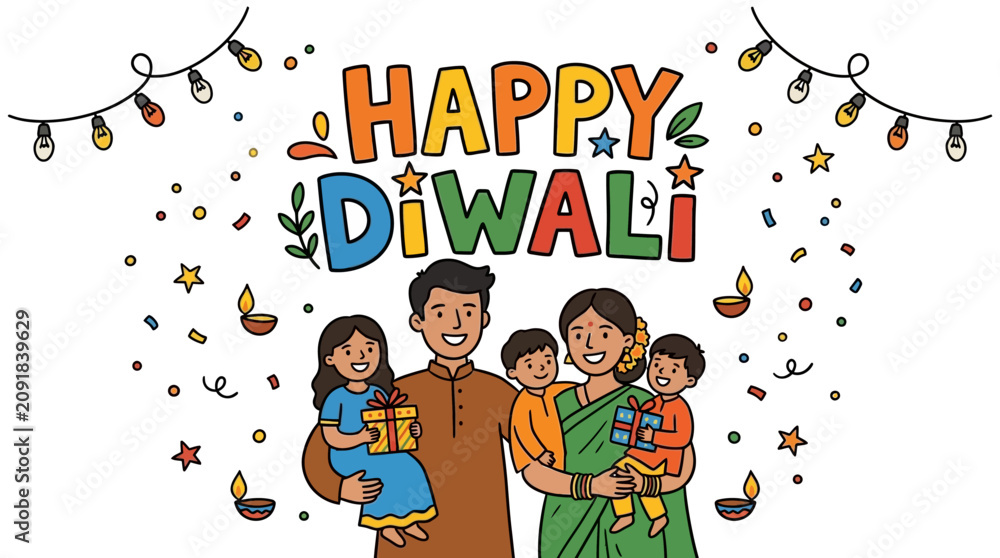 Fototapeta premium Joyful family celebrating Diwali with colorful decorations and gifts, spreading happiness during the festival of lights with