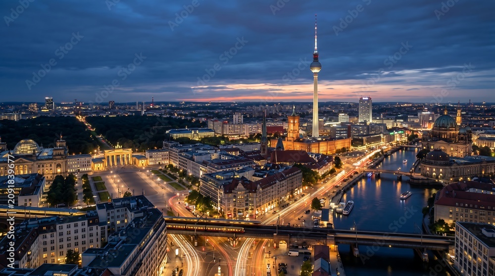 Obraz premium Illuminated Berlin Skyline Glowing at Blue Hour Along the Spree River