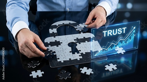 Man assembling jigsaw puzzle lock with trust graph