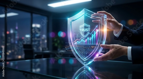 Businessman holding glowing digital shield with trust and growth chart
