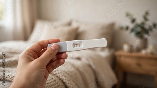 Hand holding positive pregnancy test in cozy bedroom setting