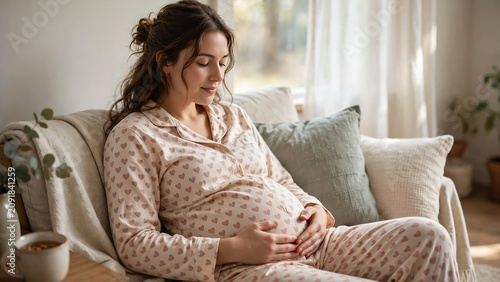 Pregnant woman relaxing on sofa in cozy home interior