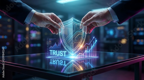 Hands hold glowing digital shield with trust and data charts