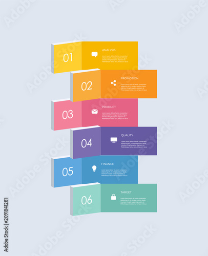 Vertical 3D infographic template with 6 parameters or steps. Isometric layout for process diagrams, presentations, workflow layouts and flow charts