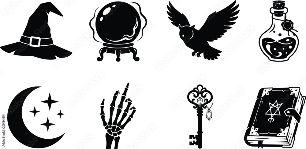 Naklejka premium Halloween Magic Icons Set with Witch Hat Crystal Ball Owl Potion Book and Mystical Symbols Collection