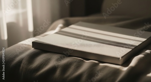 Minimalist Closed Book Resting on Soft Bed in Warm Morning Light