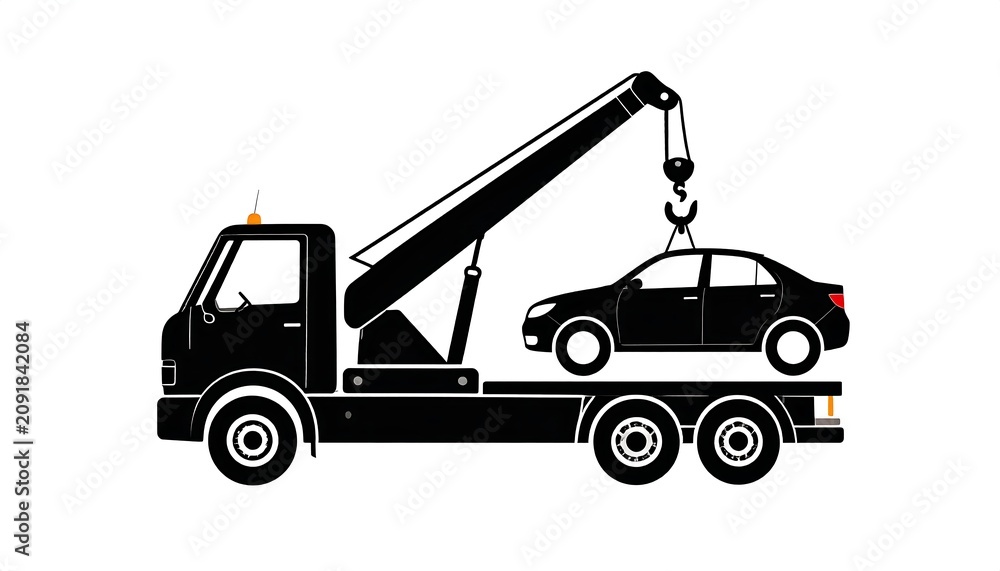 Naklejka premium Black Tow Truck Lifting Sedan Car on Flatbed in Isolated White Background