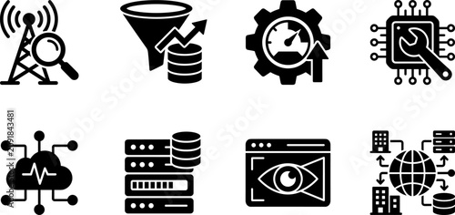 Data Analytics and IT Infrastructure Black Silhouette Technology Icon Collection Vector Set