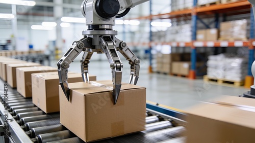 A robotic gripper handles a cardboard box on an automated conveyor belt in a logistics warehouse.
