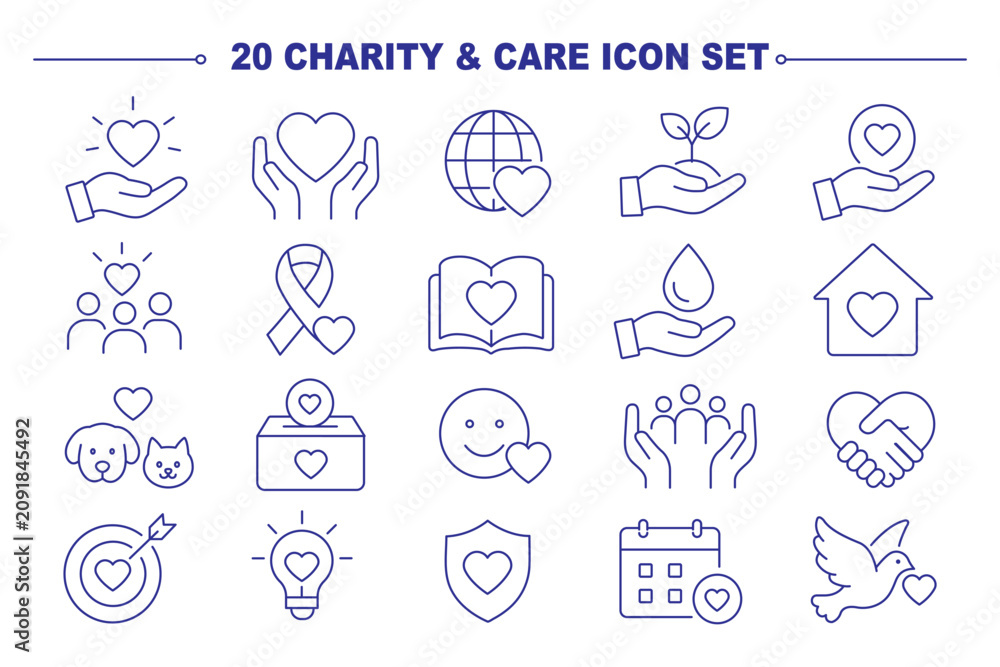 Fototapeta premium Charity human care icon set.Charity,giving, donate money outline icons pack. Line signs volunteering and giving, support donation or friendly handshake