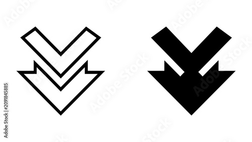 Cuadro en lienzo Downward Arrow Icons: Two arrow icons point downwards, one outlined and the other solid black, symbolizing direction, decline, or download