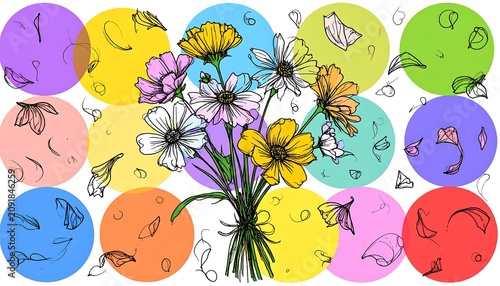 Colorful Wildflower Bouquet Illustration with Abstract Circles on White Background