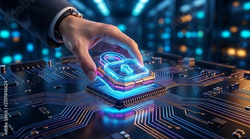 Hand places glowing padlock on computer chip, cyber security concept