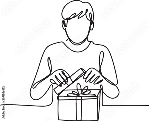 Continuous line art vector illustration of a young man sitting at table opening or packing a cardboard box package parcel and Line Art Illustration