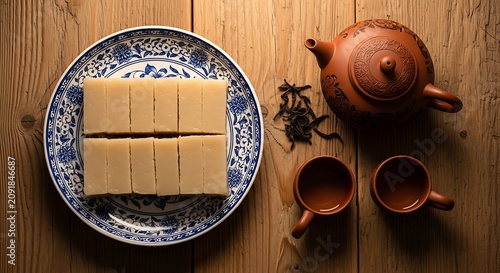 Top View of Sliced Traditional Dessert with Clay Teapot and Cups on Wooden Table