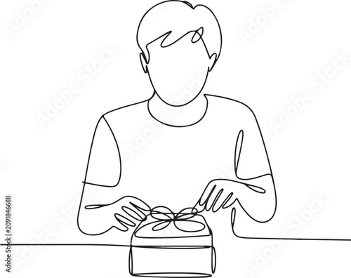 Continuous line art vector illustration of a young man sitting at table opening or packing a cardboard box package parcel and Line Art Illustration