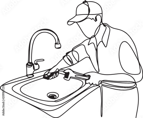 A black and white line art illustration of a plumber fixing a faucet with a wrench. This image is suitable for websites or blogs about home repair, plumbing