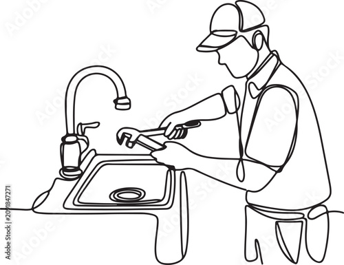 A black and white line art illustration of a plumber fixing a faucet with a wrench. This image is suitable for websites or blogs about home repair, plumbing