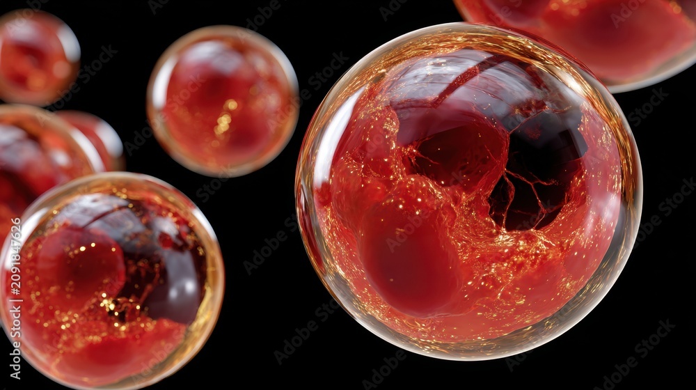 Fototapeta premium Abstract red coral-like spheres with gold flakes on black background