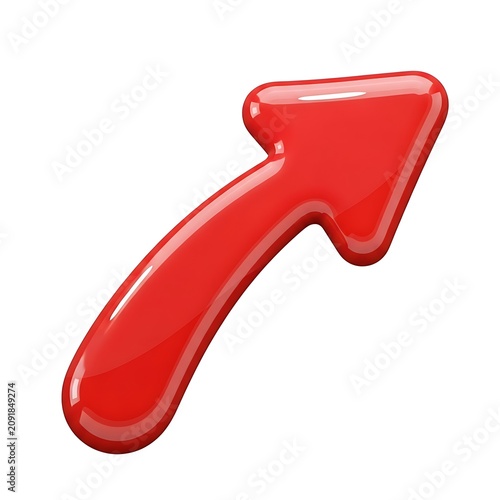 Glossy red arrow ascends, digital rendering emphasizing polished shine and upward trajectory.