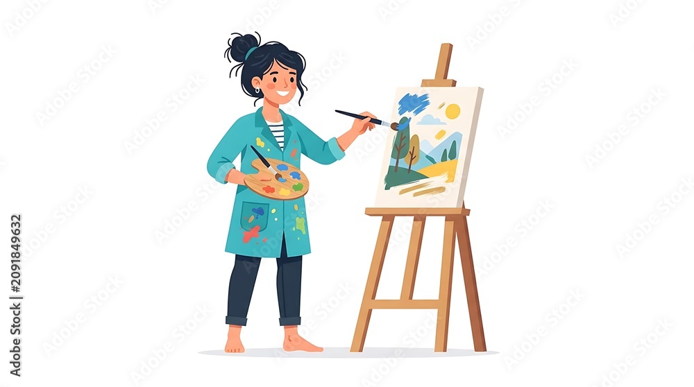 Fototapeta premium Gemini female artist painting a landscape on canvas easel, smiling creative woman holding palette and brush, isolated illustration