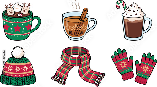 Foto Christmas winter cozy vector set featuring hot chocolate cider scarf mittens bea