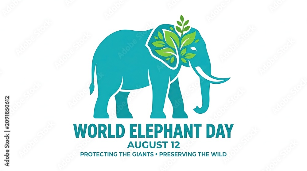 Fototapeta premium Teal Elephant Silhouette with Green Leaves on World Elephant Day