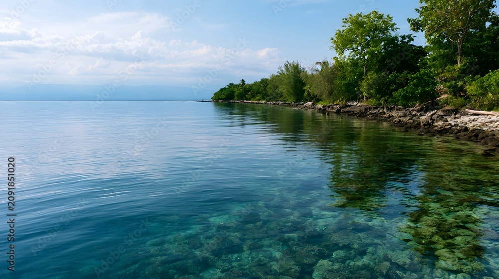 Obraz premium A serene tropical shoreline with clear turquoise waters gently lapping against a rocky coast lined with lush green trees under a partly cloudy sky