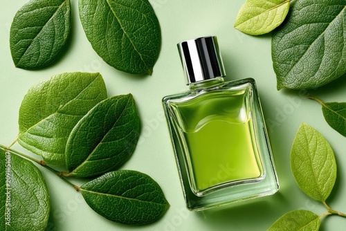 Green fragrance bottle surrounded by fresh botanical leaves in a flat lay composition for organic perfume branding and eco-friendly skincare marketing