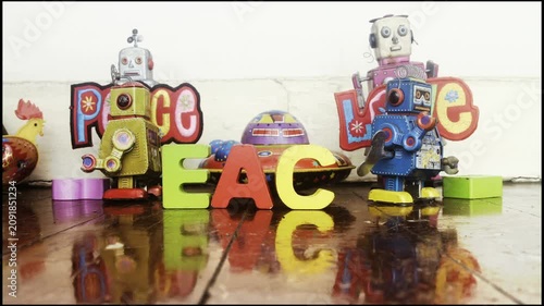Retro robots say PEACE stop motion 