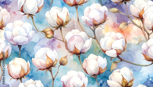 Delicate White Cotton Blossoms Arranged on Soft Watercolor Background