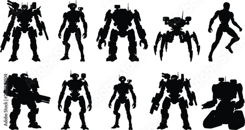 Robots and humanoid figures in various poses on a white background