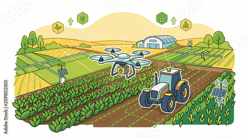 Modern farm utilizes drone and tractor with data sensors for advanced cultivation