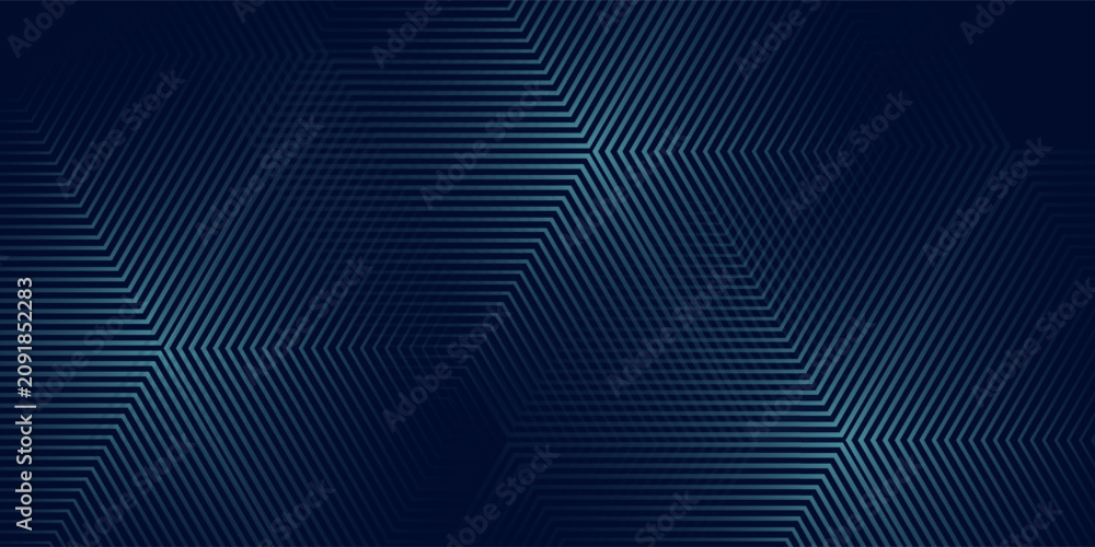 Fototapeta premium Abstract blue glowing hexagon lines on dark blue background. Modern shiny blue hexagon lines pattern technology