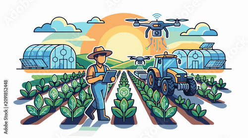 Modern farm utilizes drones tablet and tractor for efficient cultivation