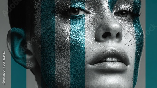 Woman with blue and silver makeup and a blue background portrait