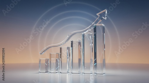 Transparent bar graph with an upward arrow, symbolizing growth and success, set against a gradient background with concentric circles.