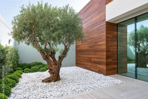 Ancient olive tree standing in a minimalist modern garden with white gravel and wood cladding for luxury real estate and landscaping marketing
