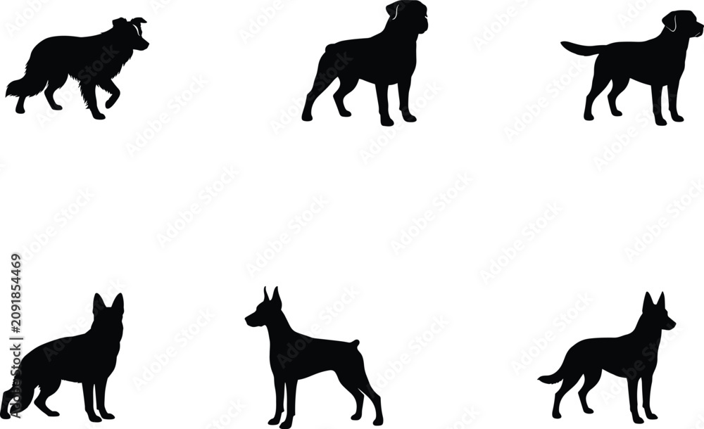 Fototapeta premium Dog Silhouette Vector Set Featuring Diverse Breeds and Distinct Canine Body Shapes